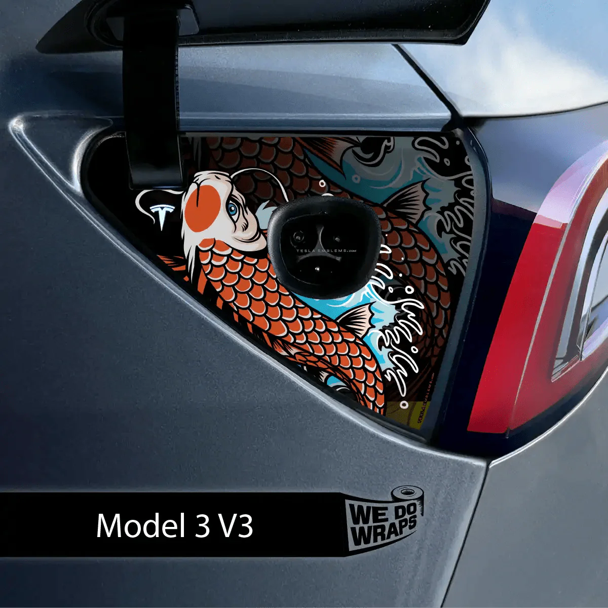 Koi Tattoo Art Tesla Charge Port Wrap | Model 3 - Image 2